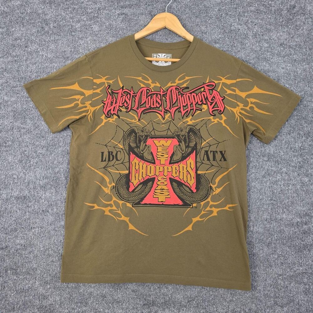West Coast Choppers Shirt Men XL Flame Cross Logo Olive Biker Graphic Tee Street